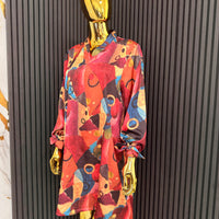 Burgundy Abstract Silk Long Sleeved Dress