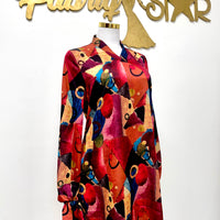 Burgundy Abstract Silk Long Sleeved Dress