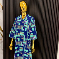 Navy Blue Long Sleeved Abstract Print Dress