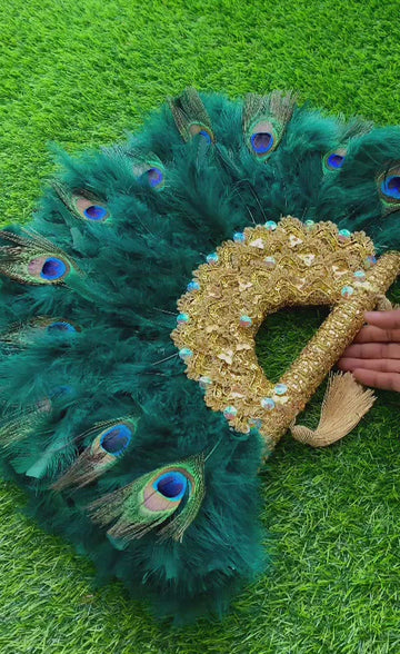Green Peacock Feathered Fan with Gold Inlays