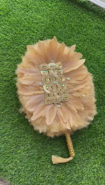 Beige Feathered Fan with Diamond Gold Inlays