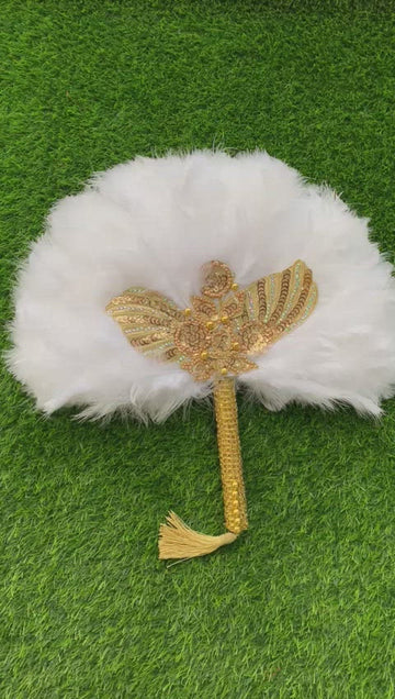 White Feathered Fan with Butterfly Gold Inlays