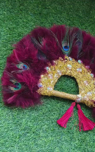 Red Peacock Feathered Fan with Gold Inlays