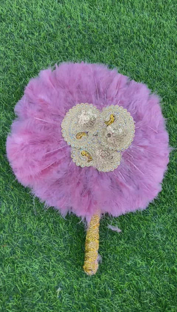 Blush Pink Feathered Fan with Diamond Gold Inlays | Medium