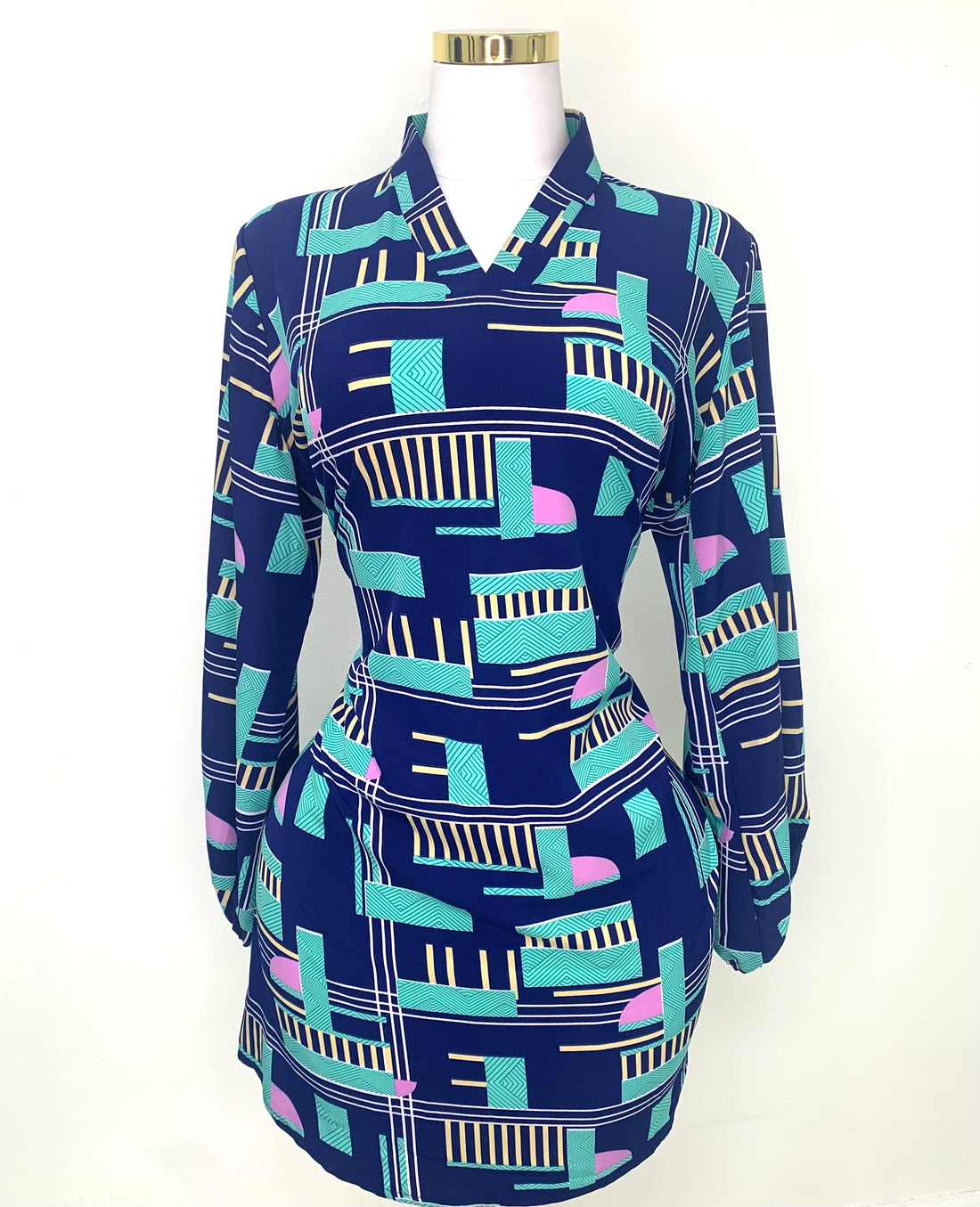 Navy Blue Long Sleeved Abstract Print Dress