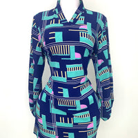 Navy Blue Long Sleeved Abstract Print Dress