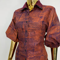 Auburn Brown Batik Shirt W/ Polka-Dot Black Sequin Collar