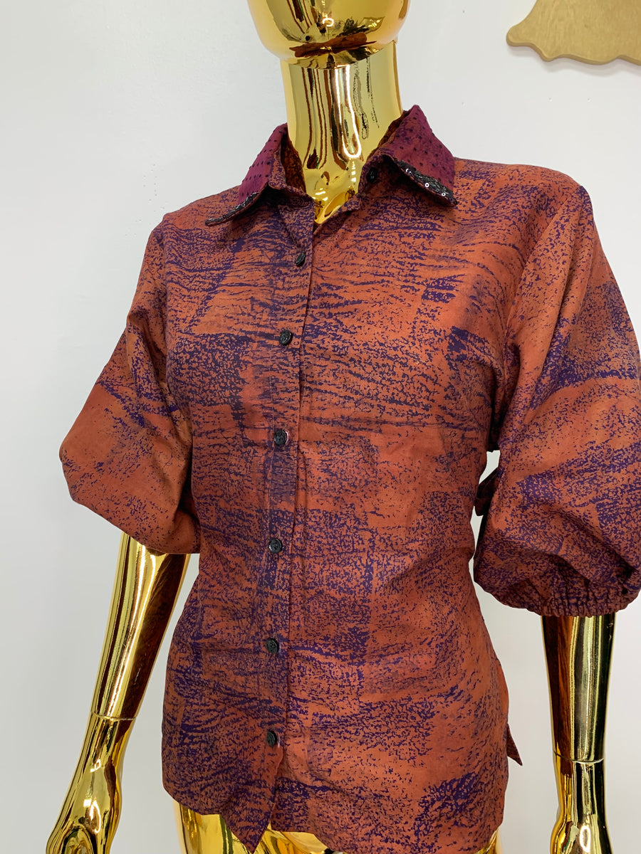 Auburn Brown Batik Shirt W/ Polka-Dot Black Sequin Collar