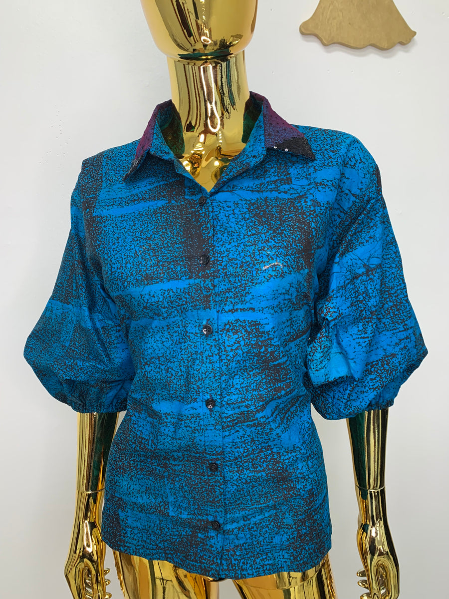 Navy Blue Batik Shirt W/ Black Sequin Collar