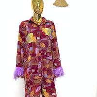 Purple Feathered Abstract Silk Set