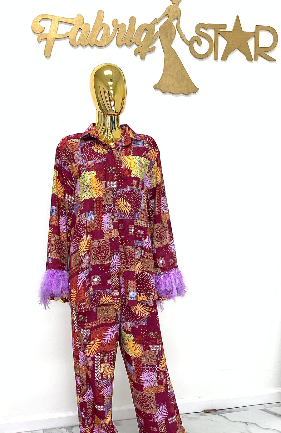 Purple Feathered Abstract Silk Set