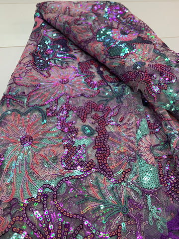 5 Yard Green & Purple Net W/ Multicolored Sequin Decor & Flowers