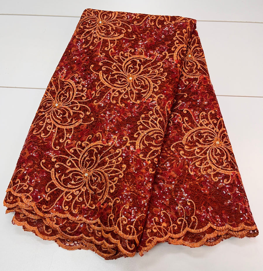 Auburn Red Lace W/ Orange Trim & Floral Designs