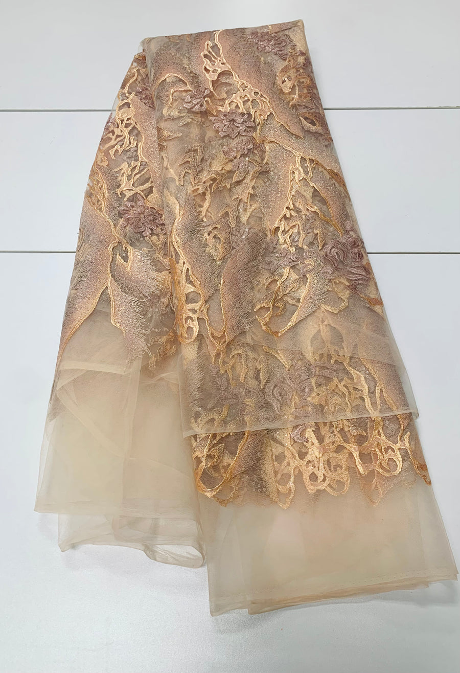 Beige Lace Fabric W/ Array of Flower Details