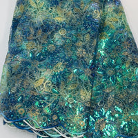 Emerald Blue Sequined Lace w/ Gold Embroidered Details