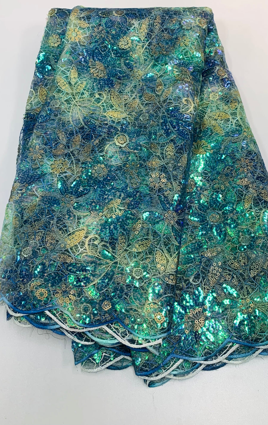 Emerald Blue Sequined Lace w/ Gold Embroidered Details