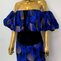 Royal Blue Puffed Top Batik Dress W/ Collared Neckline