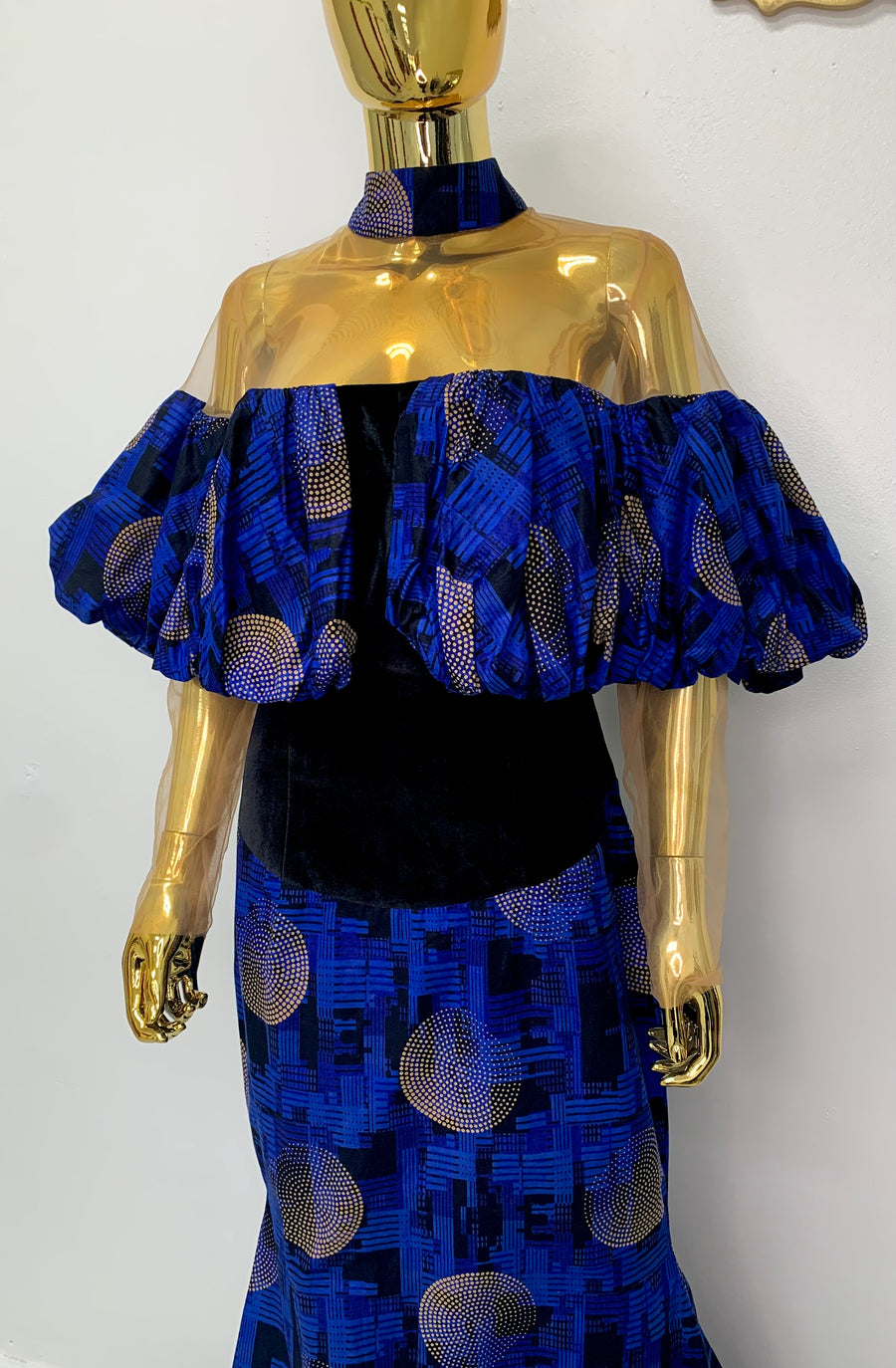 Royal Blue Puffed Top Batik Dress W/ Collared Neckline