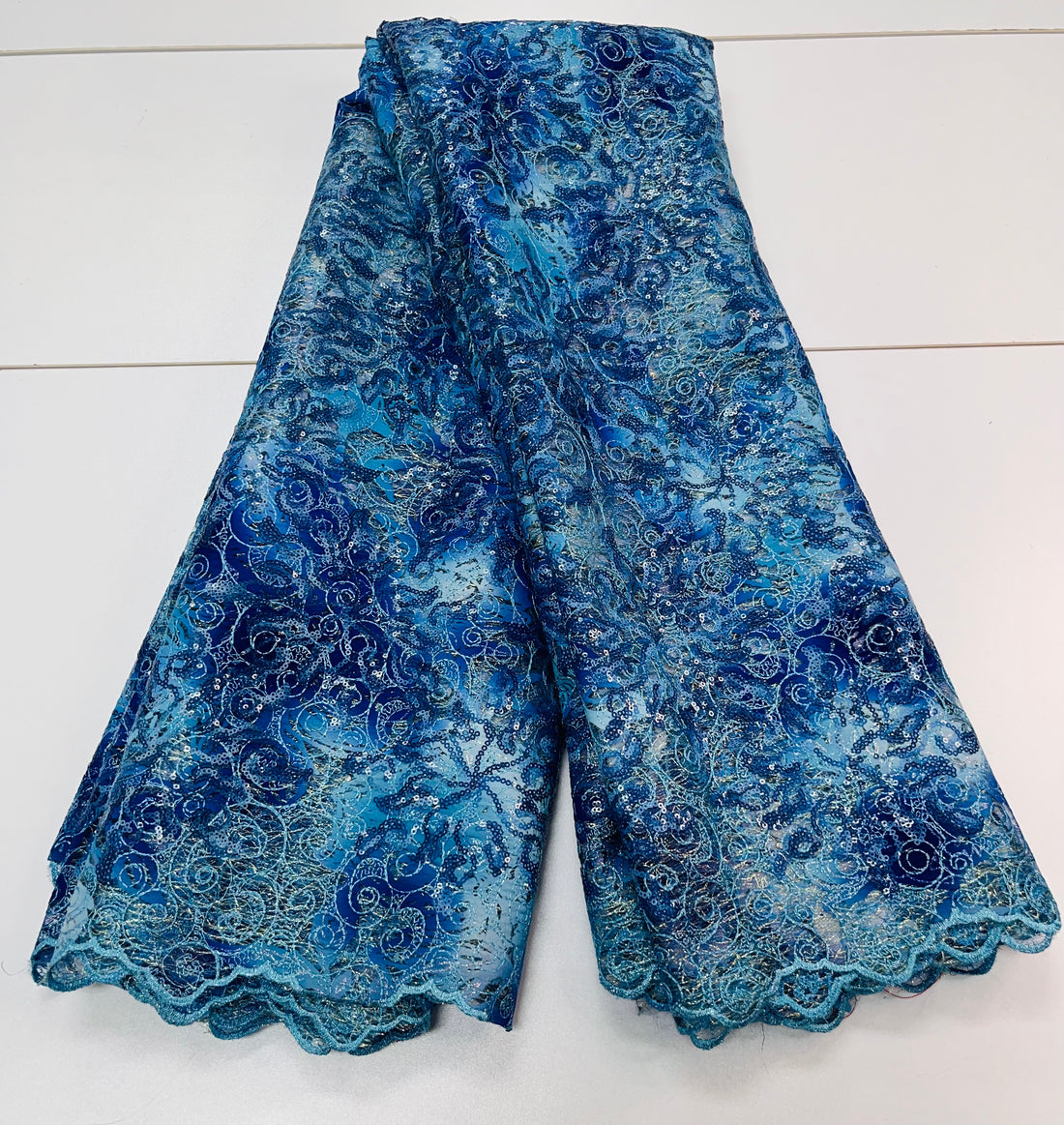 Ultramarine Blue Swirl Lace Fabric w/ Silver Sequin Details