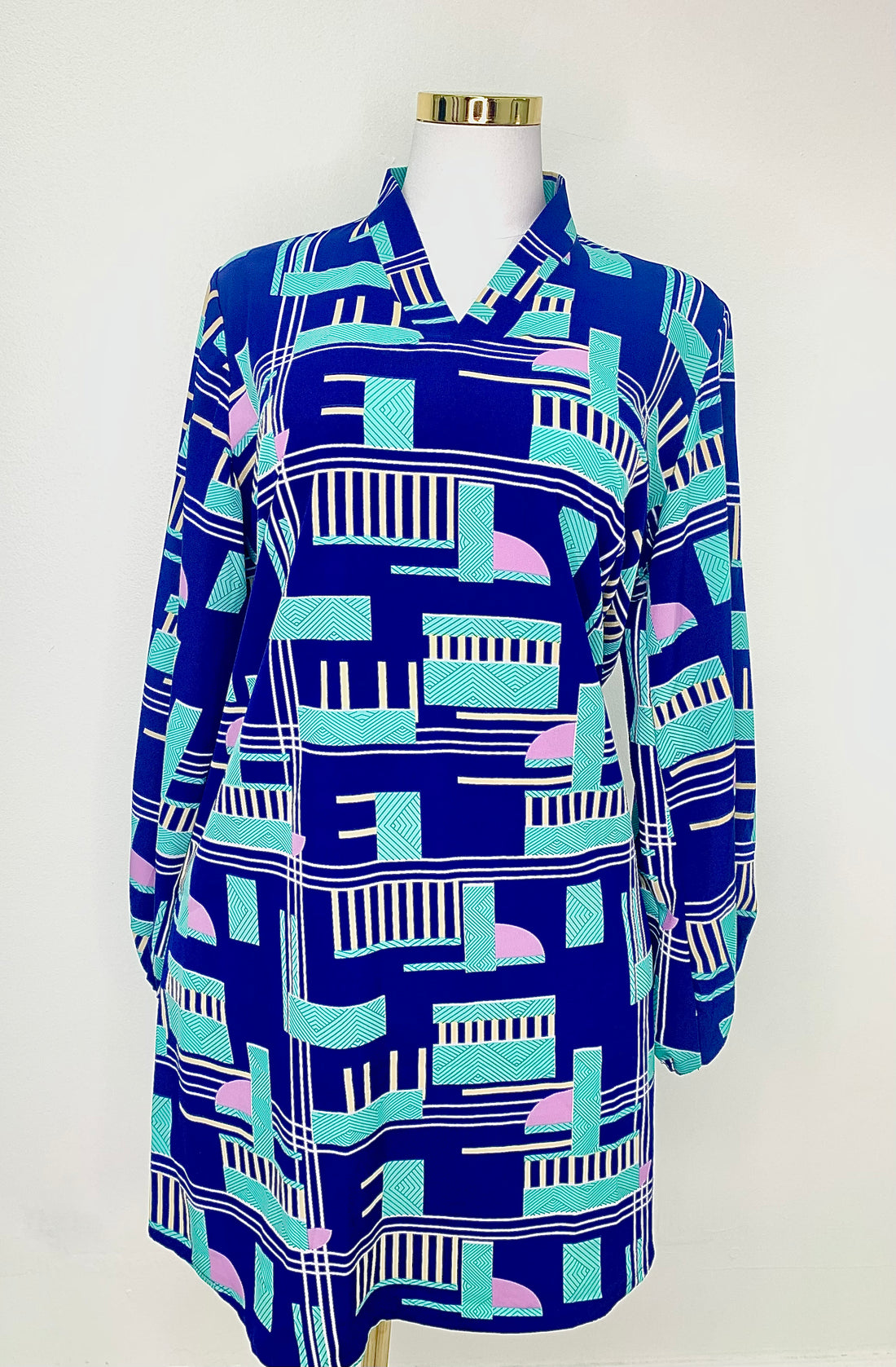 Navy Blue Long Sleeved Abstract Print Dress