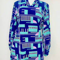 Navy Blue Long Sleeved Abstract Print Dress