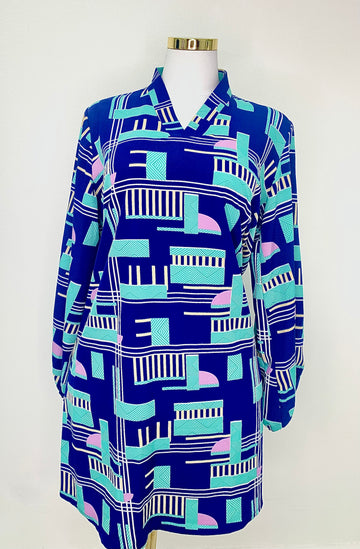 Navy Blue Long Sleeved Abstract Print Dress