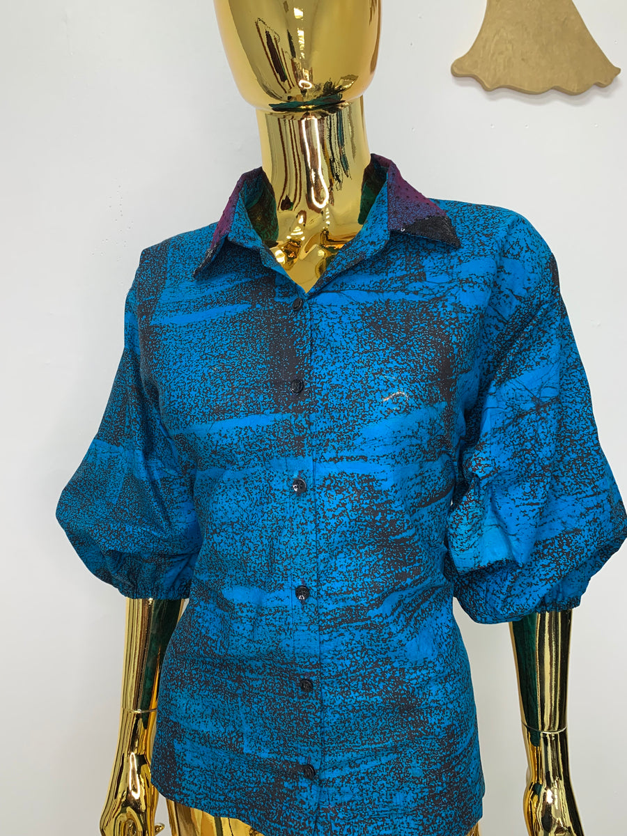 Navy Blue Batik Shirt W/ Black Sequin Collar