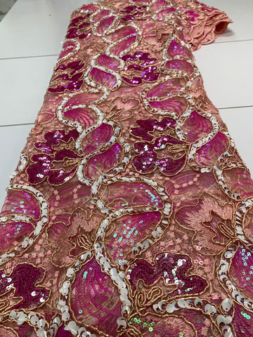 5 Yard Rose Pink Net W/ Gold Details & White Sequin