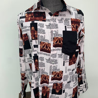 Cream Newspaper Print Long Sleeve Button Up Shirt