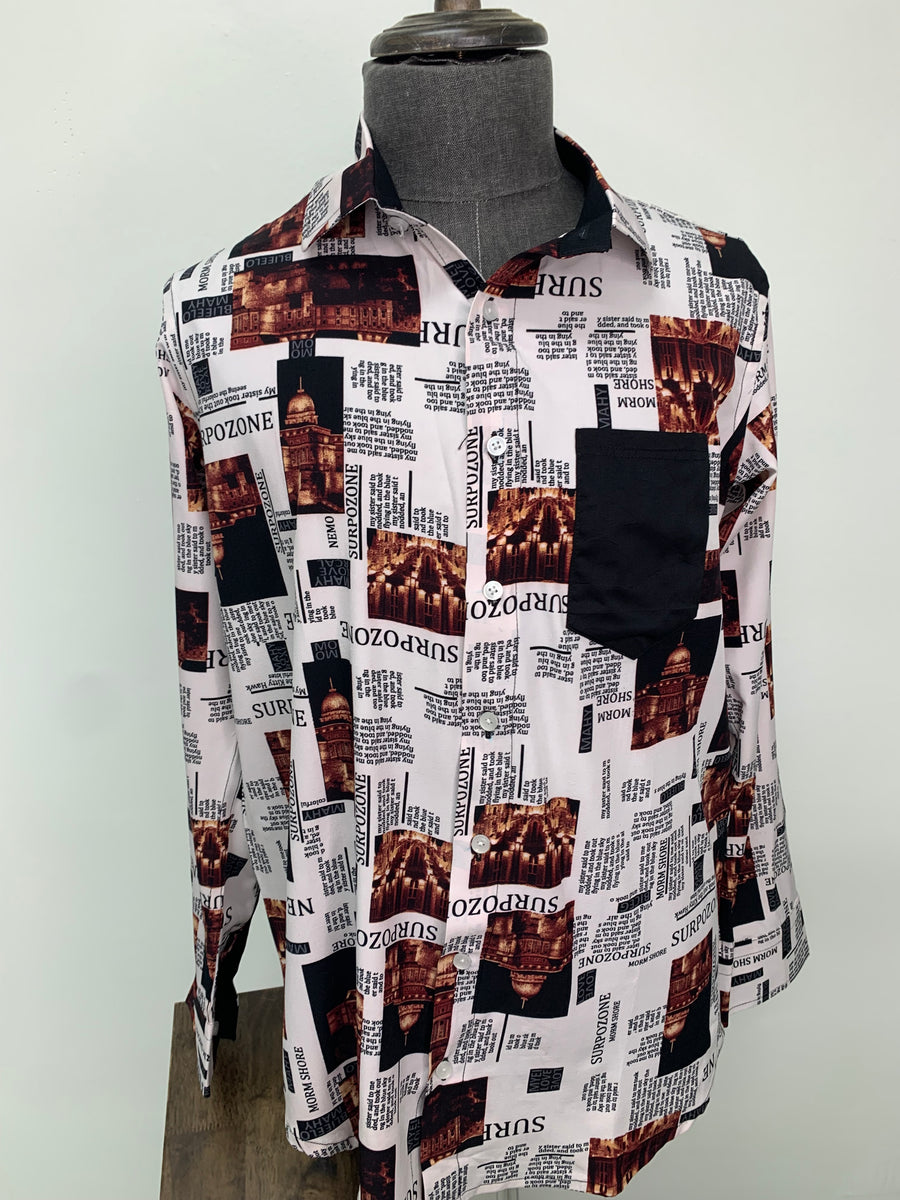 Cream Newspaper Print Long Sleeve Button Up Shirt