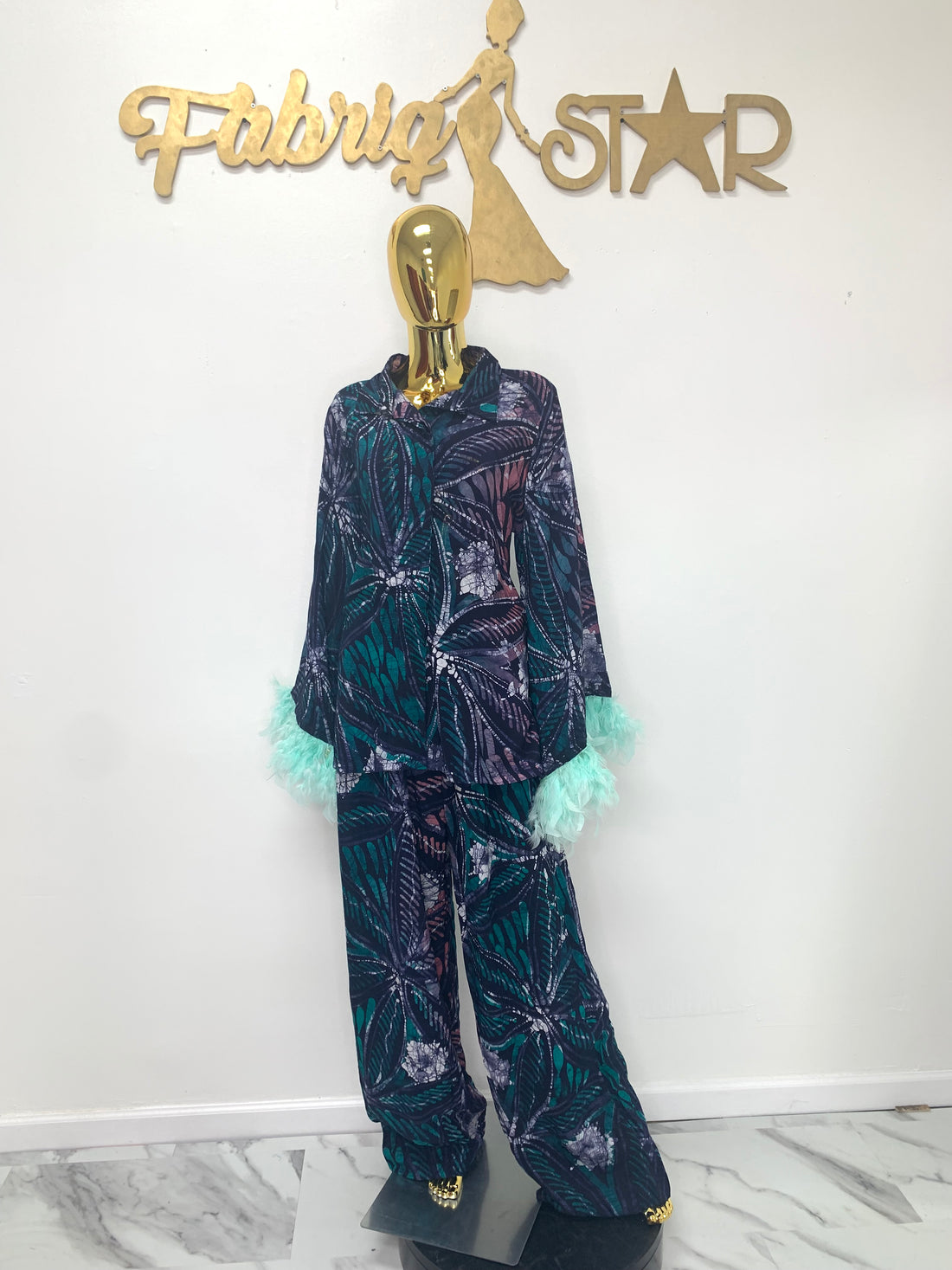 Teal Feathered Batik 2-Piece Set W/ Open Back