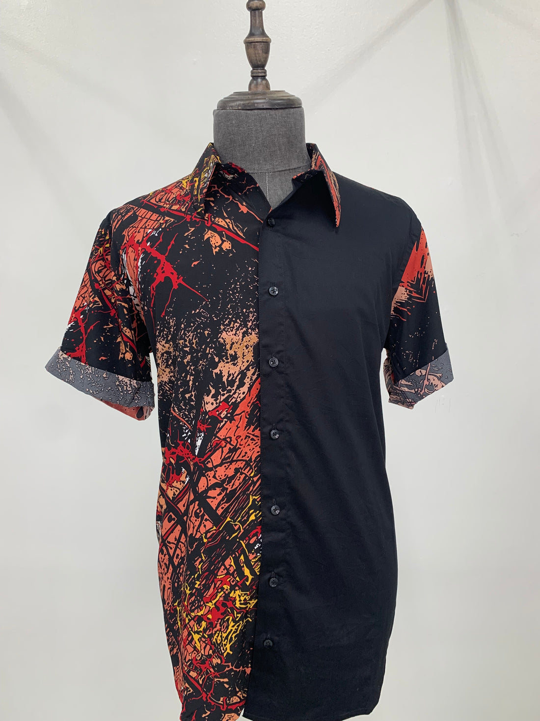 Half & Half Red Splatter Button Up Short Sleeve Top