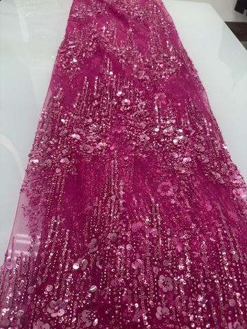 Hot pink Beaded Sequin Net | 5 yards