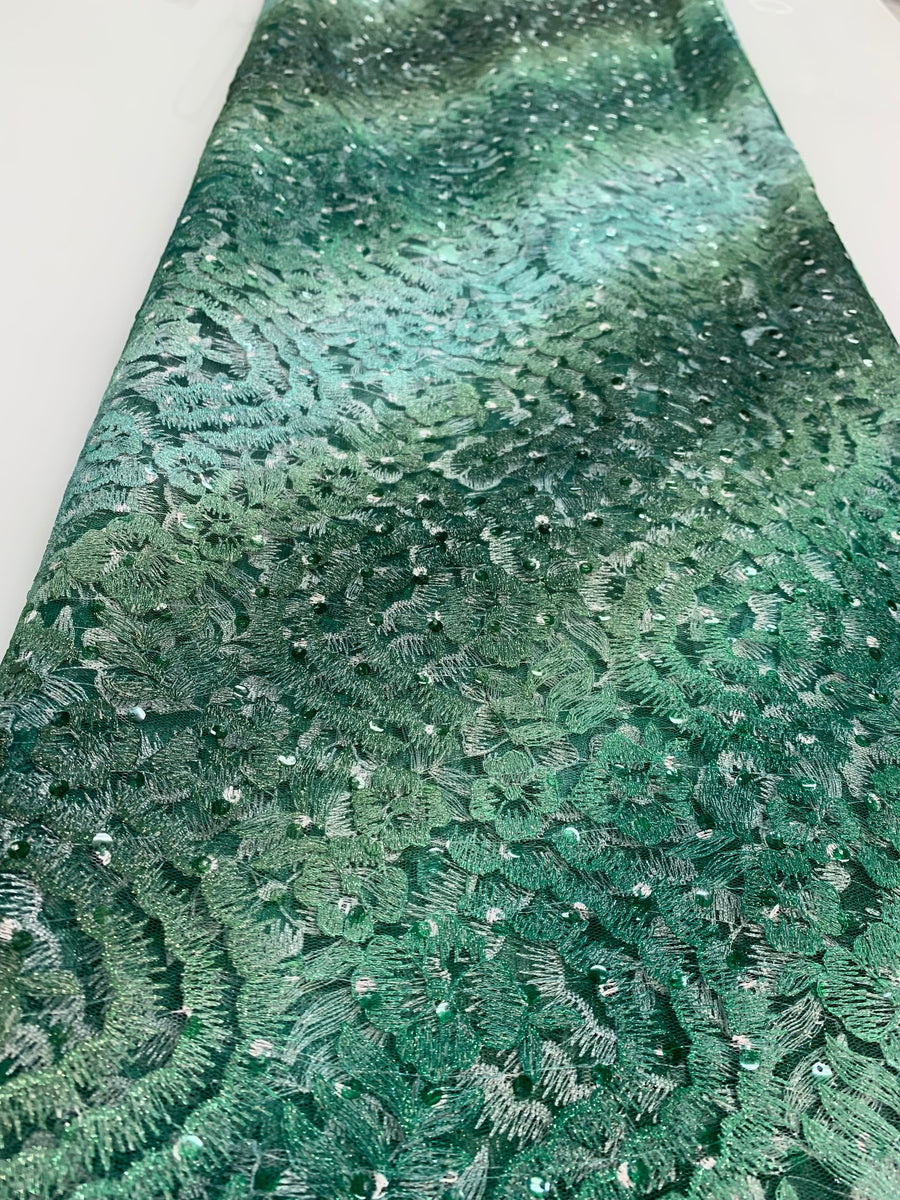 Green Monochromatic Fabric W/ Embroidered Sequins & Green Trim|5 Yards