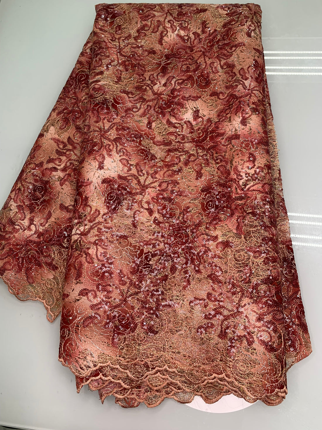 5 Yard Pink & Red Swirl Ombré Net W/ Rose Gold Trim