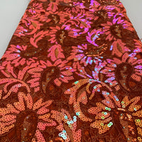 Amber Lace Fabric W/ Orange Sequin Leaf Design & Amber Trim | 5 Yards