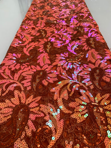 Amber Lace Fabric W/ Orange Sequin Leaf Design & Amber Trim | 5 Yards