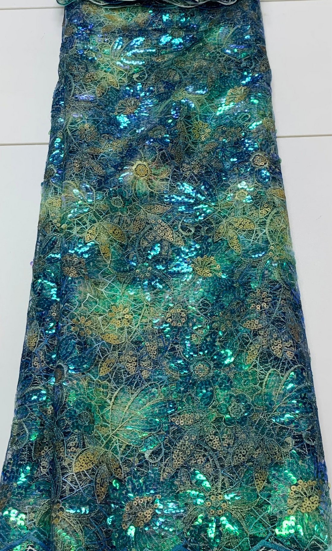 Fern Green & Blue Sequin Lace | 5 yards