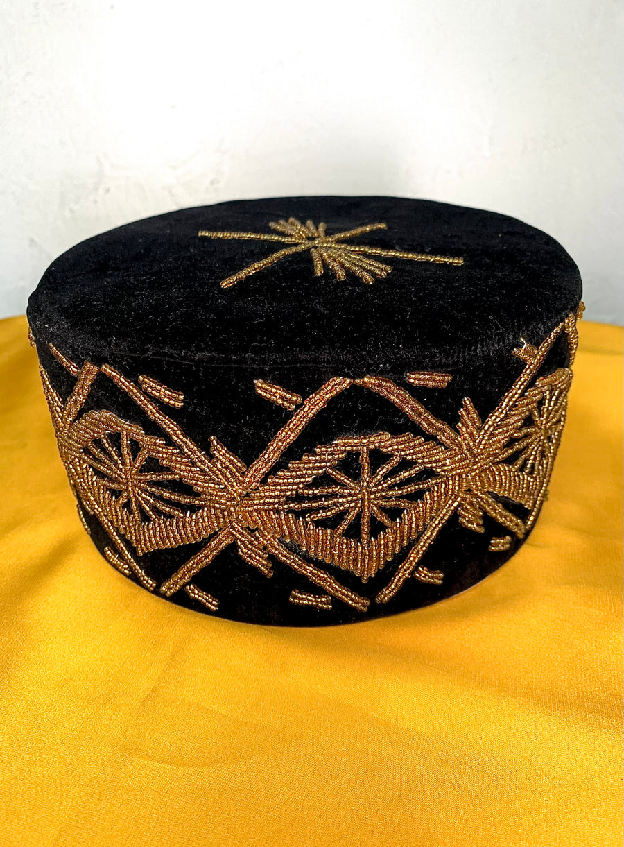 Black & Gold Velvet Embroidered African Mens Hat