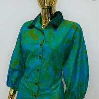 Spring Green Batik Shirt W/ Dark Green Polka-Dot Black Sequin Collar