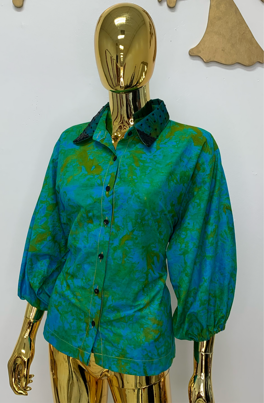 Spring Green Batik Shirt W/ Dark Green Polka-Dot Black Sequin Collar