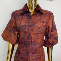 Auburn Brown Batik Shirt W/ Polka-Dot Black Sequin Collar