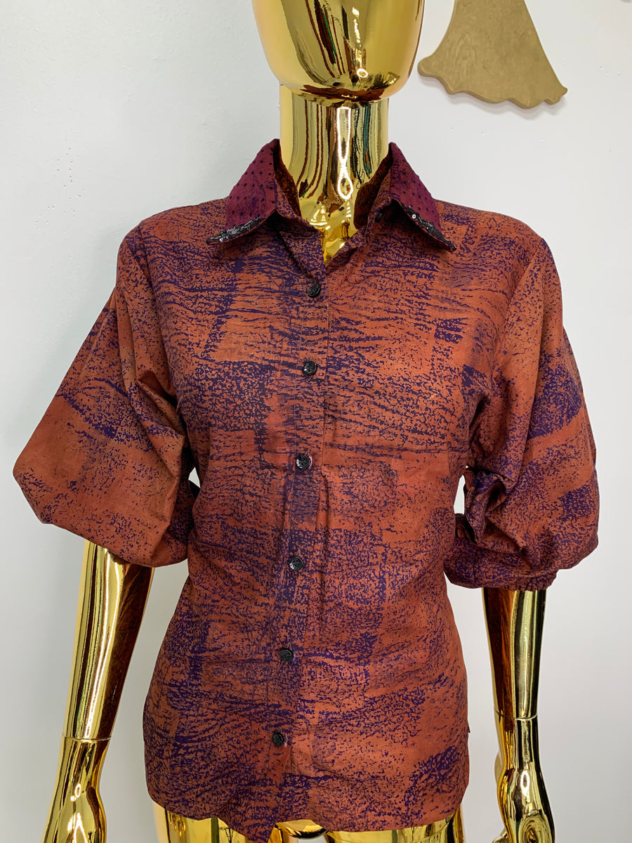 Auburn Brown Batik Shirt W/ Polka-Dot Black Sequin Collar