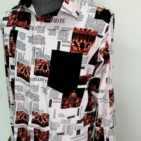 Cream Newspaper Print Long Sleeve Button Up Shirt