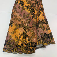 Bronze Lace Fabric W/ Gold Trim & Black Flower Details