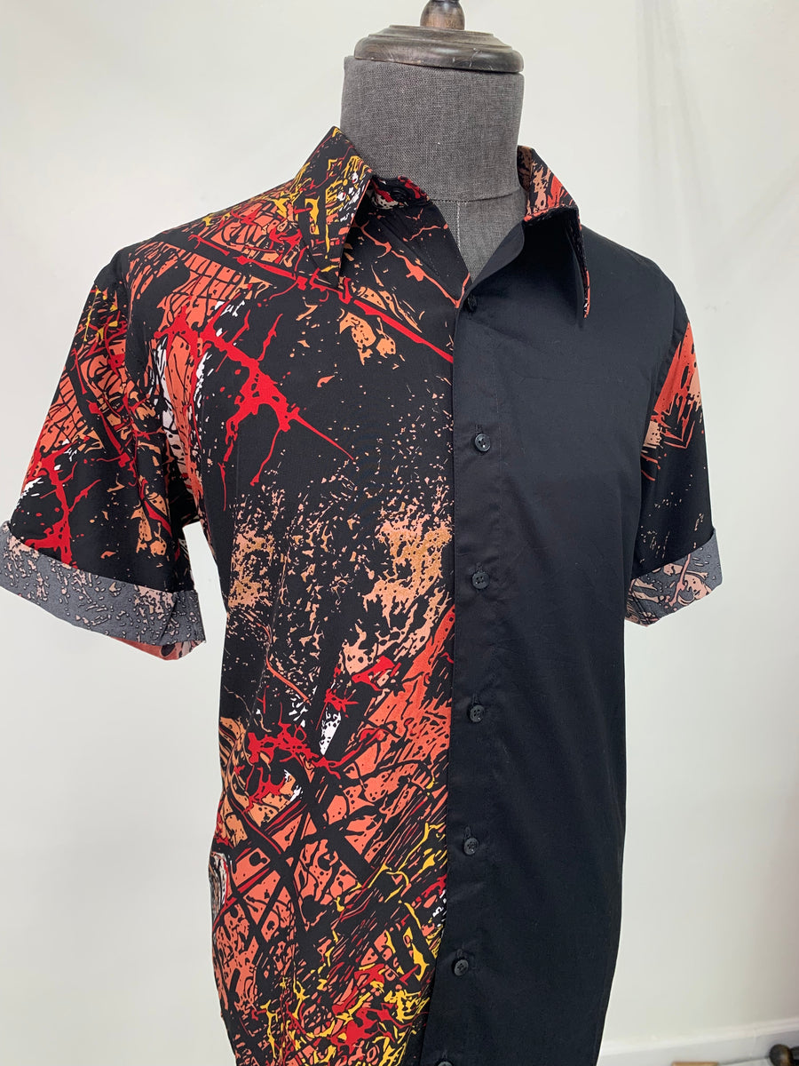 Half & Half Red Splatter Button Up Short Sleeve Top