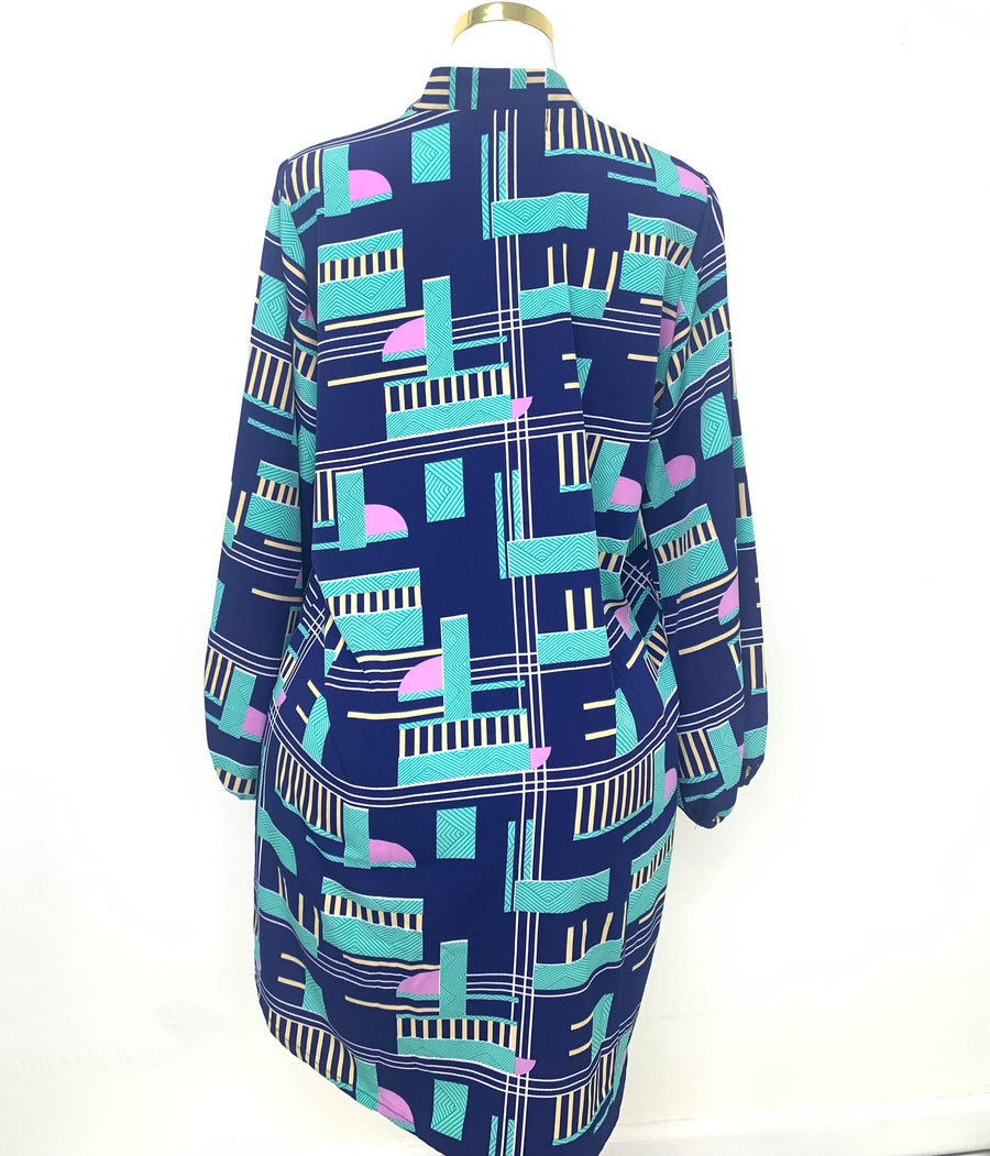 Navy Blue Long Sleeved Abstract Print Dress