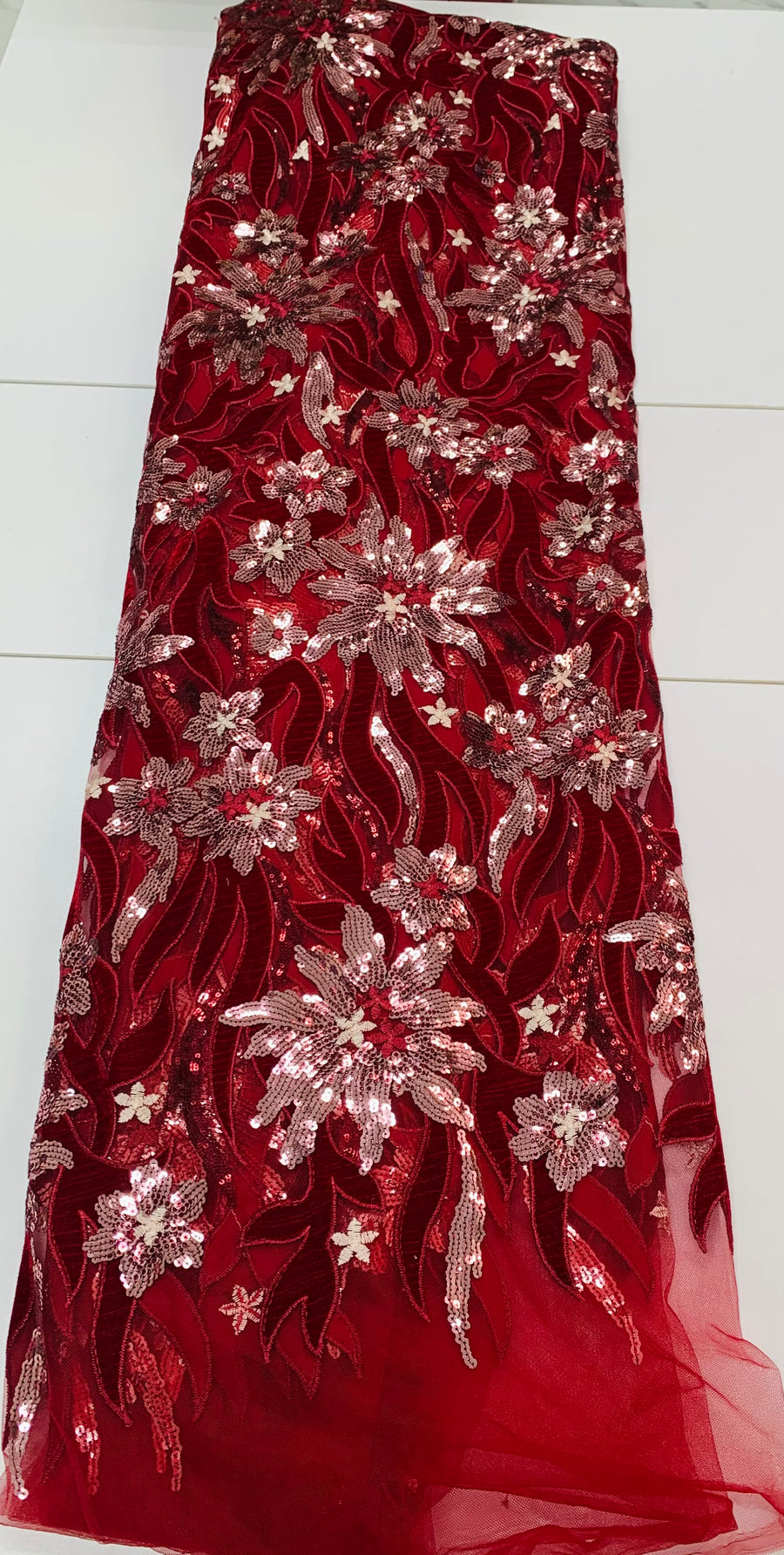 Dark Red Lace W/ Silver Flower Detailed Designs