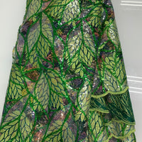 Dark Green Fabric W/ Light Green Leaf Designs & Light Green Trim| 5 Yards