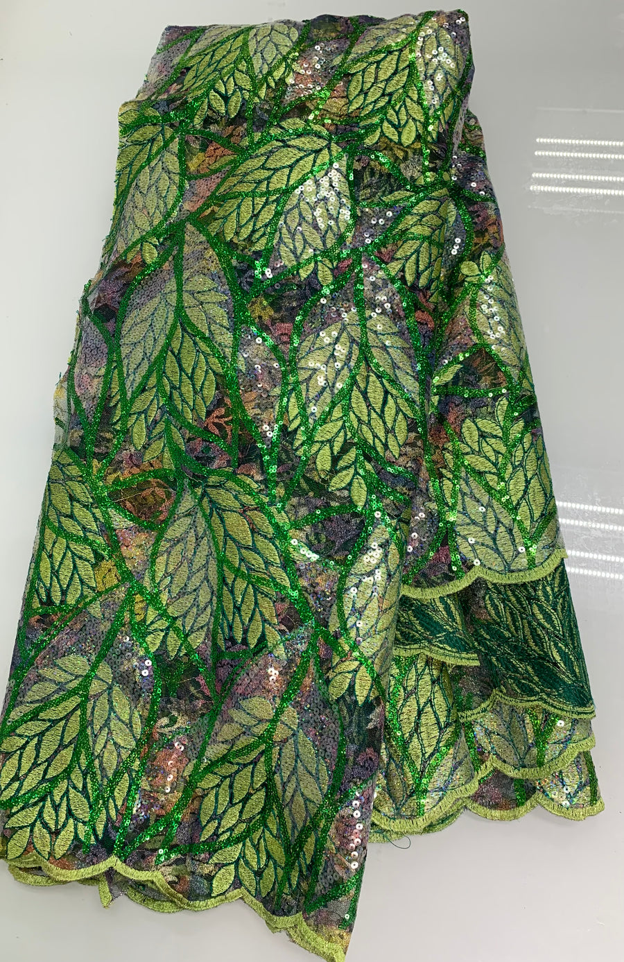 Dark Green Fabric W/ Light Green Leaf Designs & Light Green Trim| 5 Yards